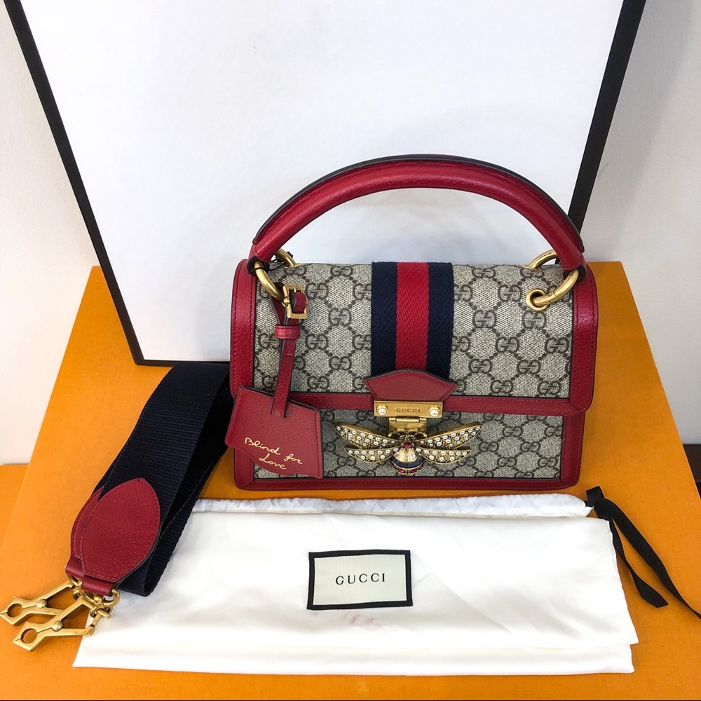 Gucci Queen Margaret Top Handle Bag GG Coated Canvas Small Brown, Red